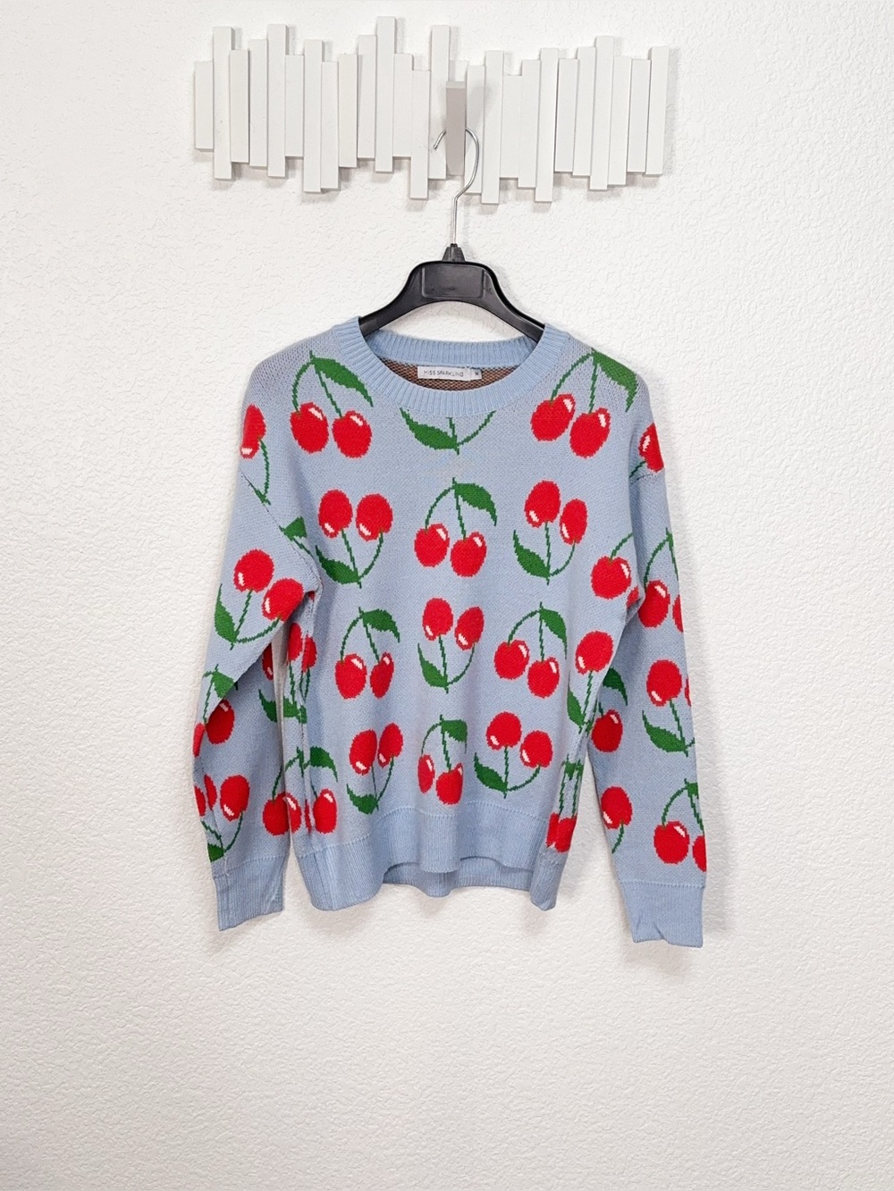 Miss Sparkling Cherry Print Sweater Gray Blue Fruit Graphic Knit Pullover Cute